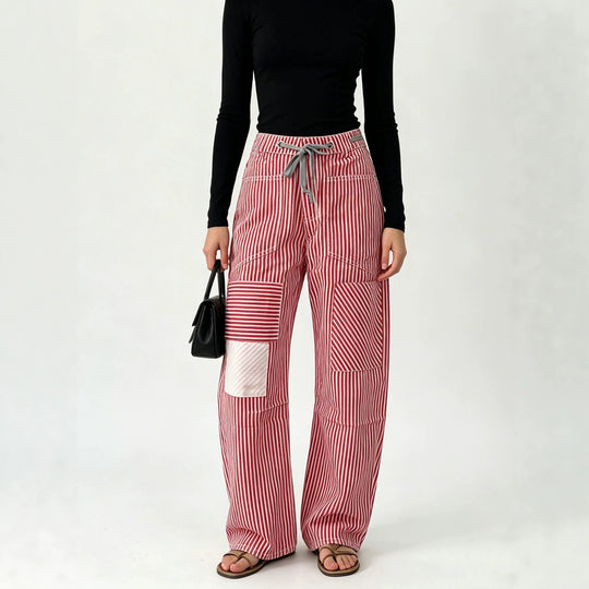 Damen nan High‑Waist Relaxed‑Hose mit vertikalem Streifenmuster, aufgesetzten Knie‑Patches und Kordelzug EB