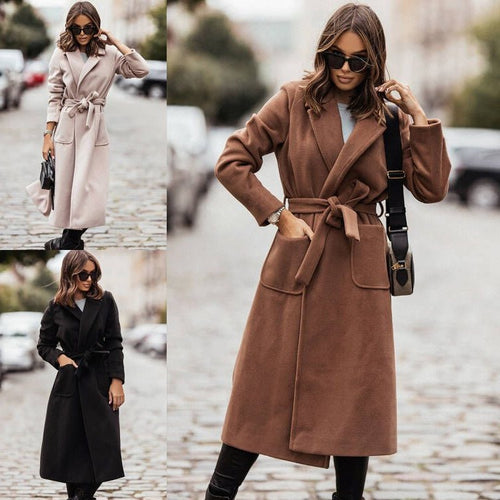 Damen Eleganter Wickel-Mantel mit praktischen Taschen und taillierbarem Gürtel EB