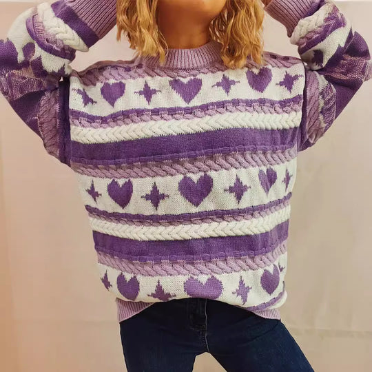 Damen Grobstrickpullover mit verspieltem Herzmuster und Zopfdetails EB