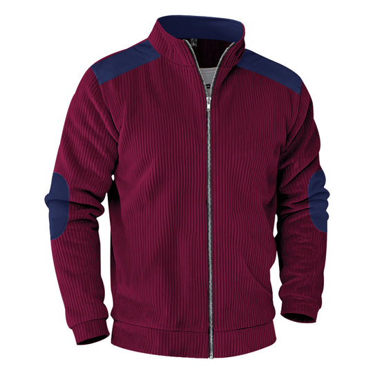 Herren nan gerippte Stehkragen-Sweatjacke mit durchgehendem Reißverschluss, Schulter- und Ellbogen-Patches EB