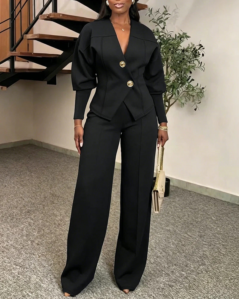 Damen Zweiteiliges tailliertes Blazer‑Hosen‑Set mit goldenen Zierknöpfen und weitem Palazzo-Bein EB