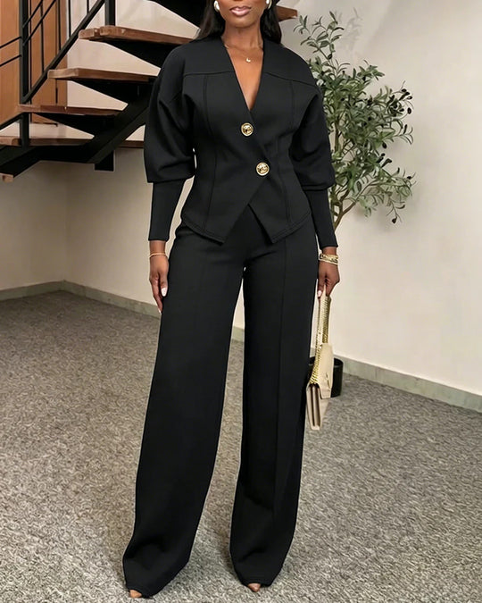 Damen Zweiteiliges tailliertes Blazer‑Hosen‑Set mit goldenen Zierknöpfen und weitem Palazzo-Bein EB