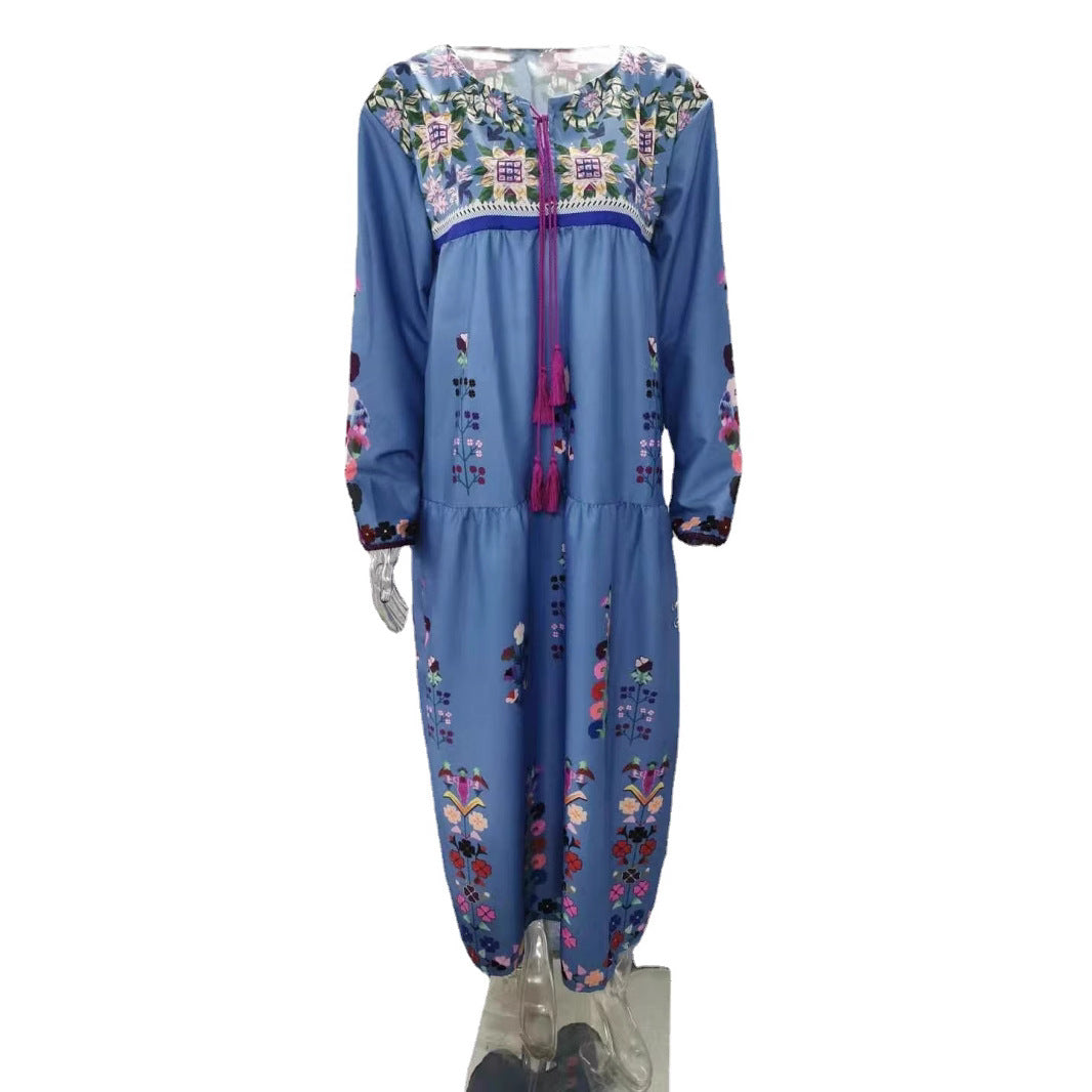 Damen nan besticktes Maxikleid mit langen Ärmeln, Quastenverschluss und folkloristischer Stickerei EB
