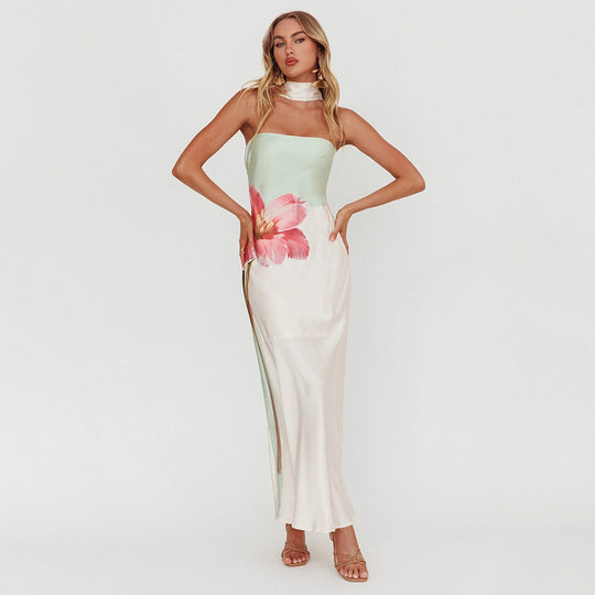 Damen Elegantes Schulterfreies Maxikleid mit floralem Design und tailliertem Schnitt EB