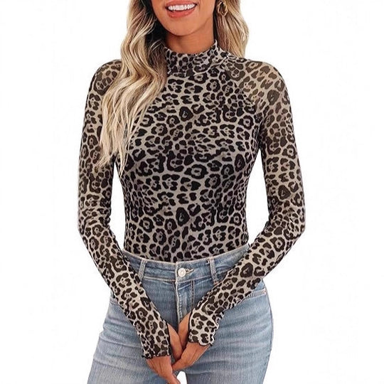 Damen Transparentes Mesh-Longsleeve mit Blumenprint und Stehkragen EB