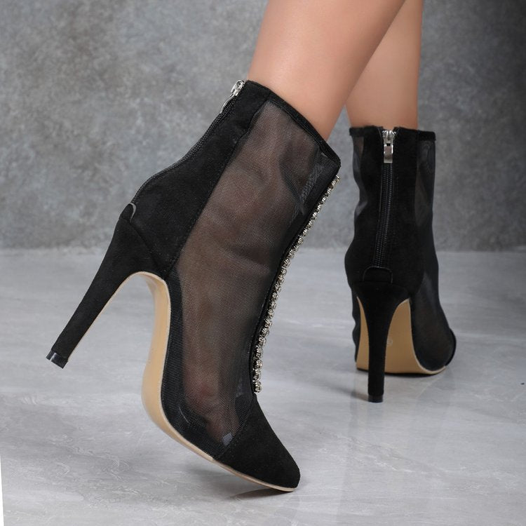 Damen elegante Knöchel-Stiefeletten mit transparentem Mesh-Obermaterial und funkelnden Details EB