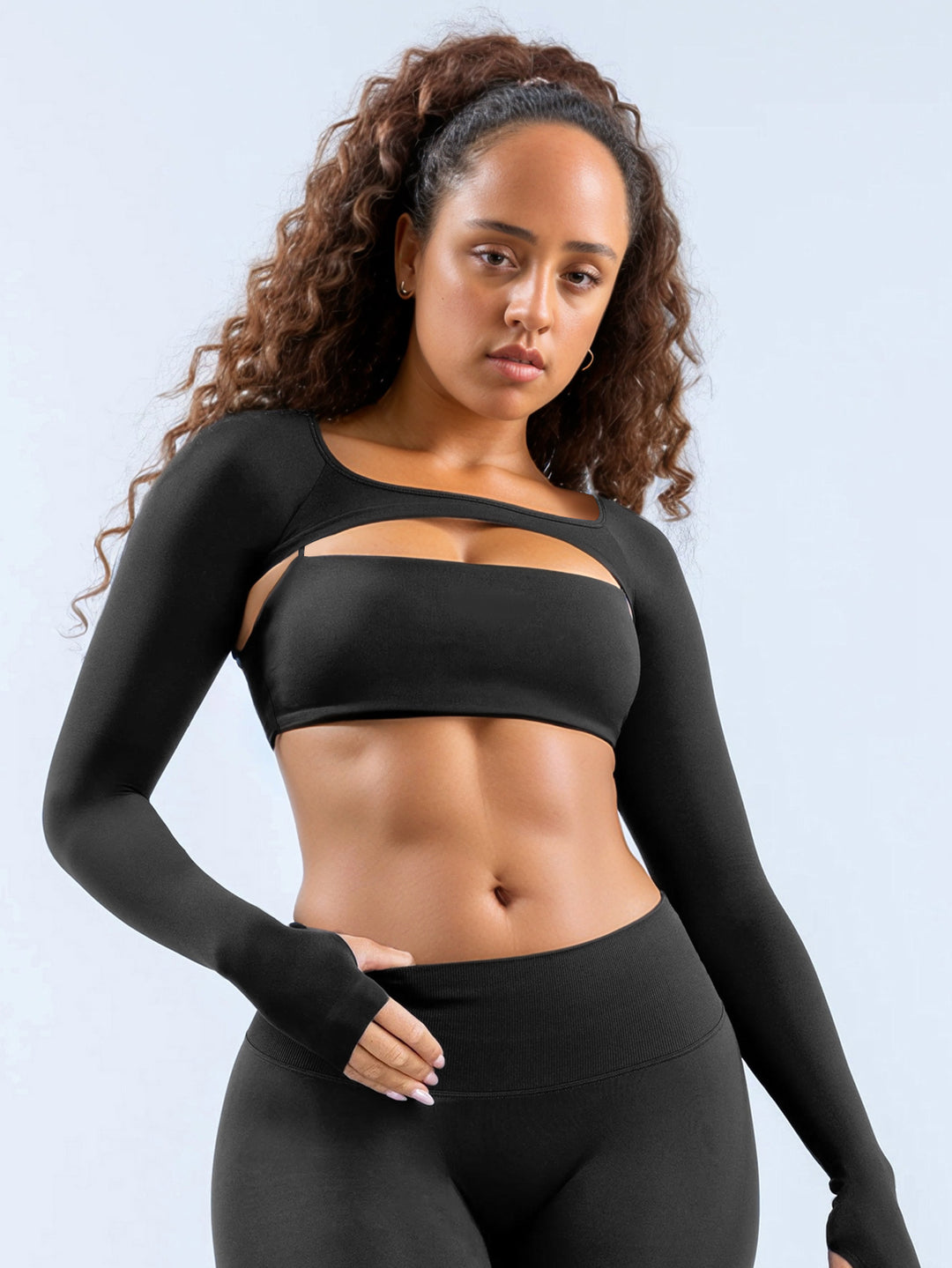Damen Sportliches Langarm Crop-Top mit angeschnittenem Design EB