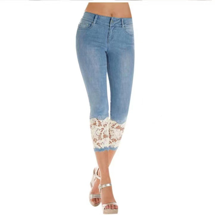 Damen Jeanshose mit Spitzenverzierung und figurbetontem Schnitt EB