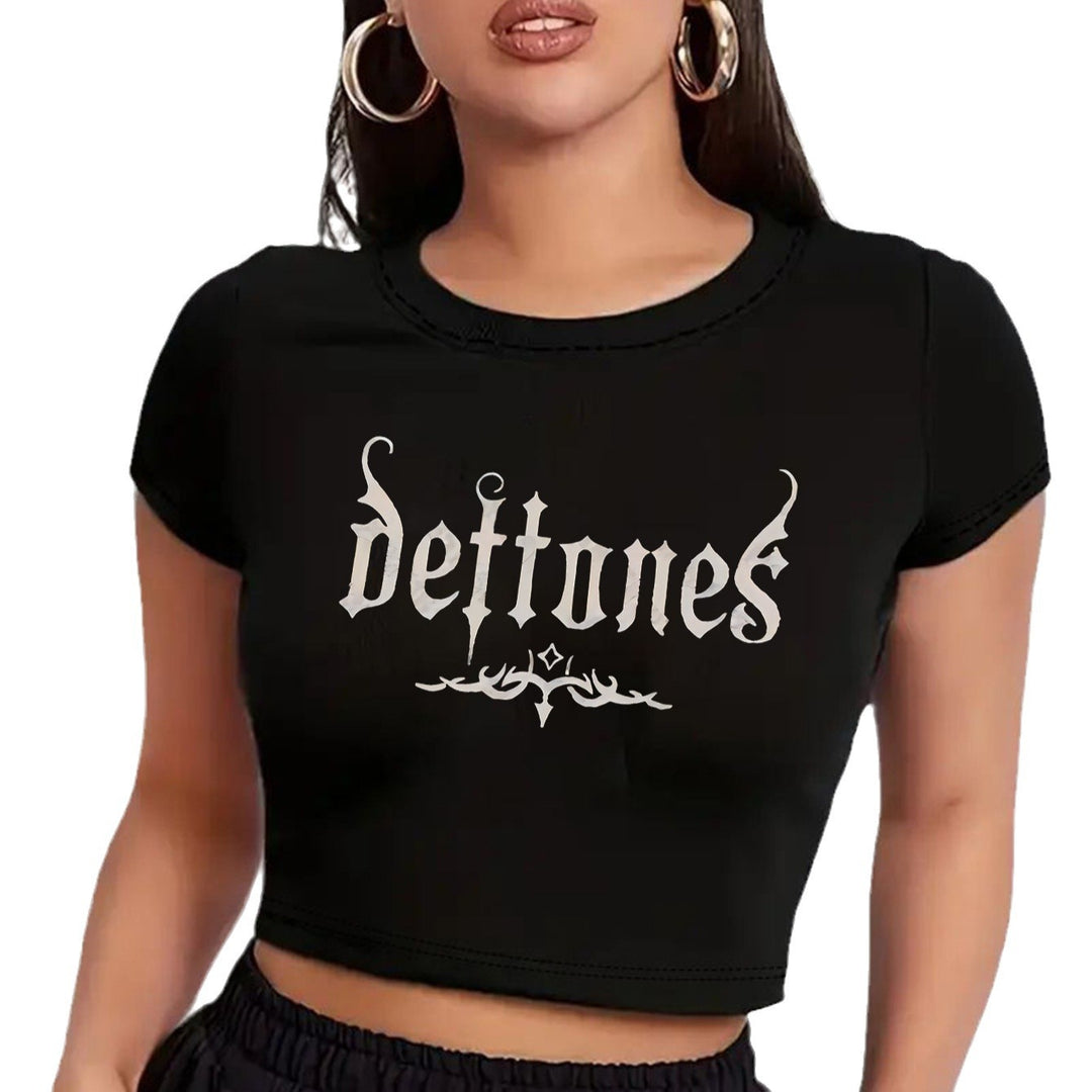 Damen Crop-T-Shirt mit animalistischem Lippenmotiv und auffälligem Schriftzug EB