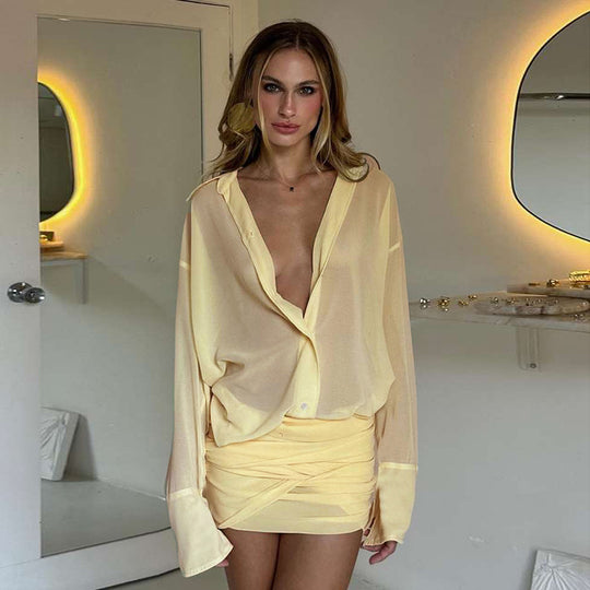 Damen Chiffon Bluse mit gerafftem Minirock EB