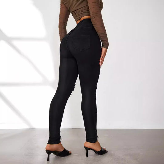 Damen High-Waist Jeans mit modischen Riss- und Knopfdetails EB