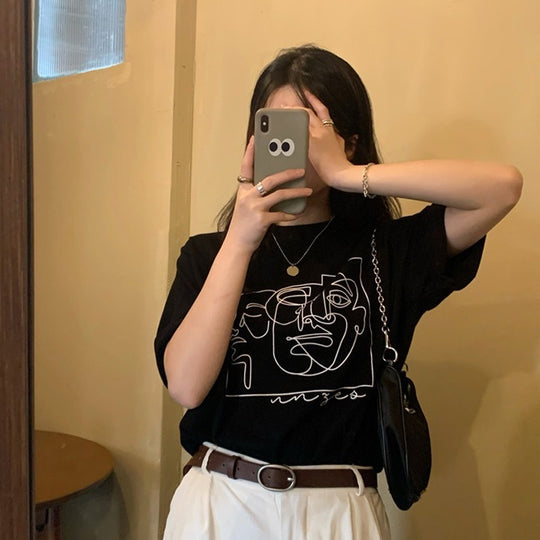 Damen Grafik T-Shirt mit modernem Linienkunst-Motiv und lässiger Passform EB