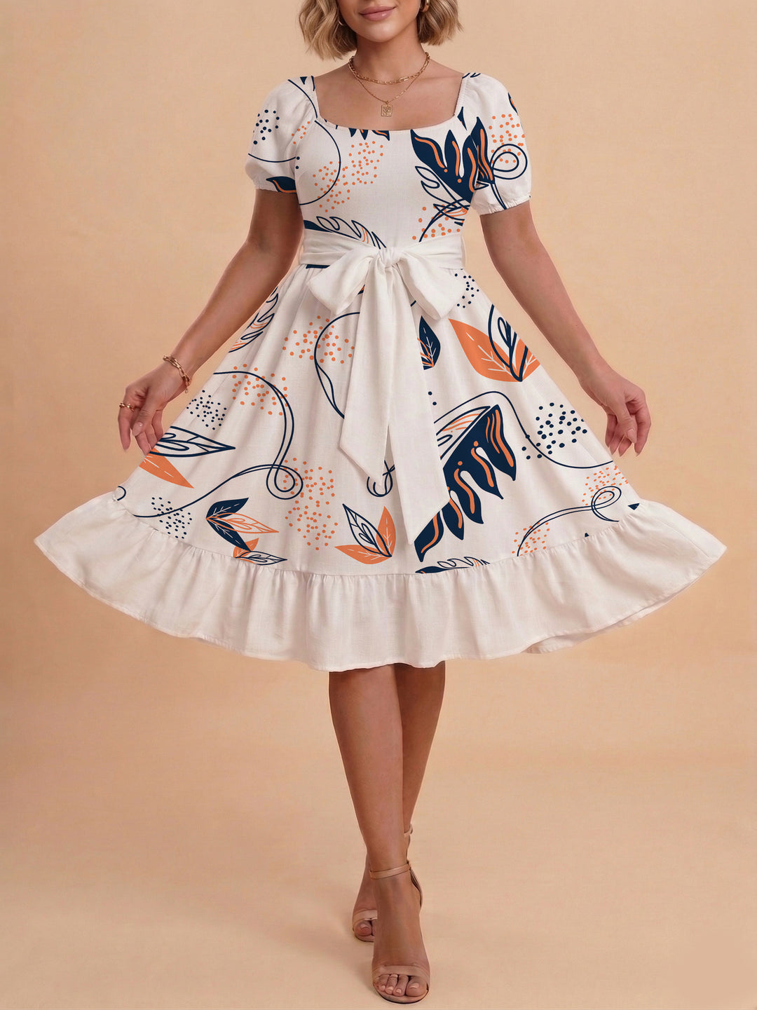 Damen Sommerliches Blumenkleid mit taillierbarem Gürtel und voluminösen Ärmeln EB