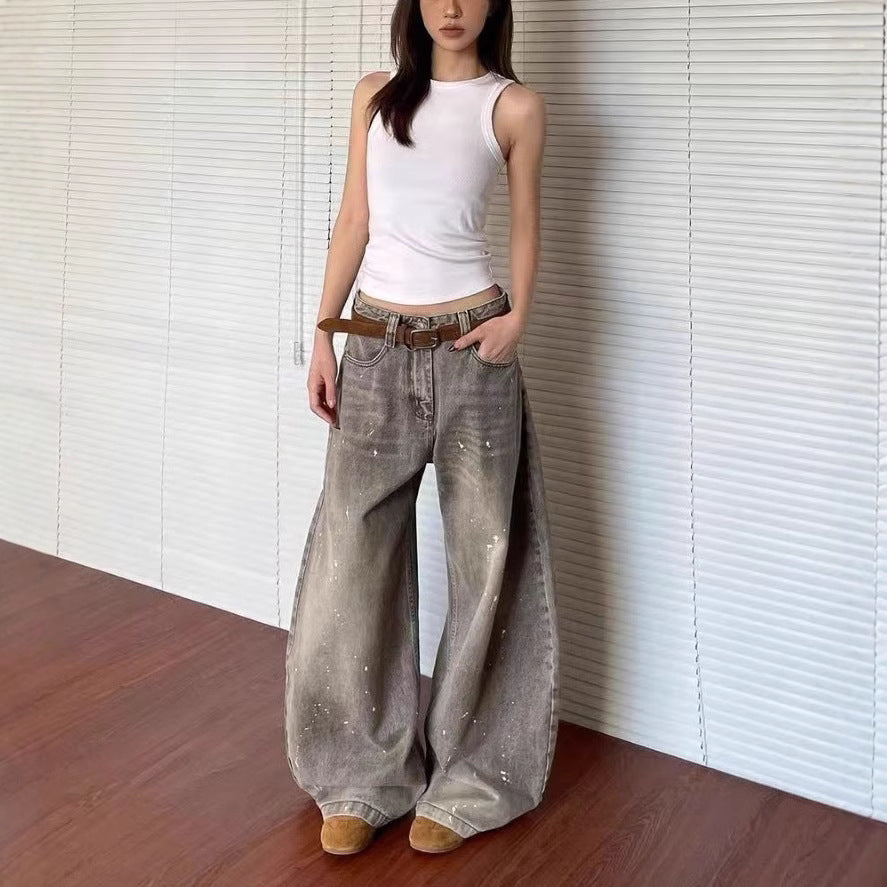 Damen weite Jeanshose im Vintage-Stil mit lässigem Schnitt und kreativen Farbdetails EB