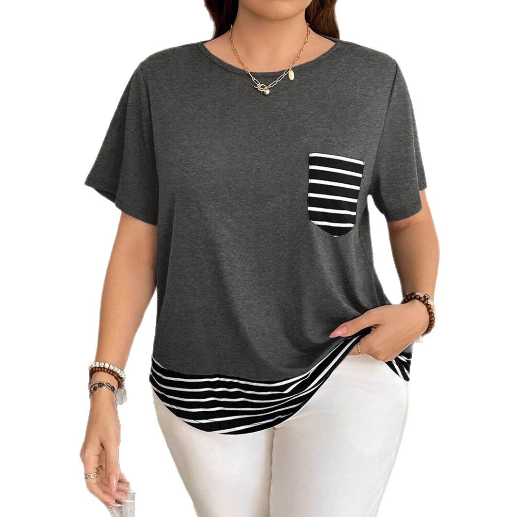 Damen Legeres T-Shirt mit gestreiftem Saum und Brusttasche EB