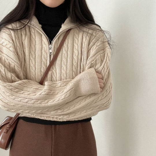 Damen kuscheliger Strickpullover mit hochschließendem Kragen und Zipper EB
