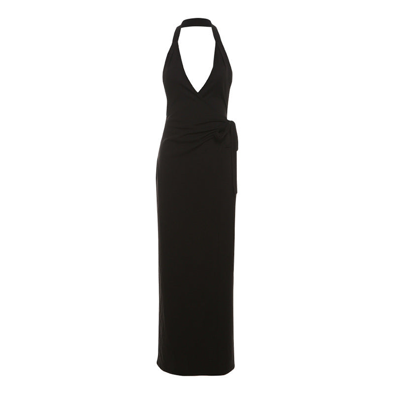 Damen Wickelmaxikleid mit tiefem V-Ausschnitt und eleganter Schleifenbindung EB
