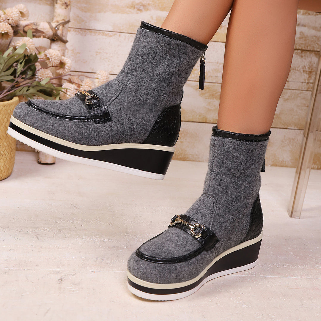 Damen Komfortable Wedge-Stiefeletten aus weichem Wollfilz mit modischem Krokodil-Detail EB