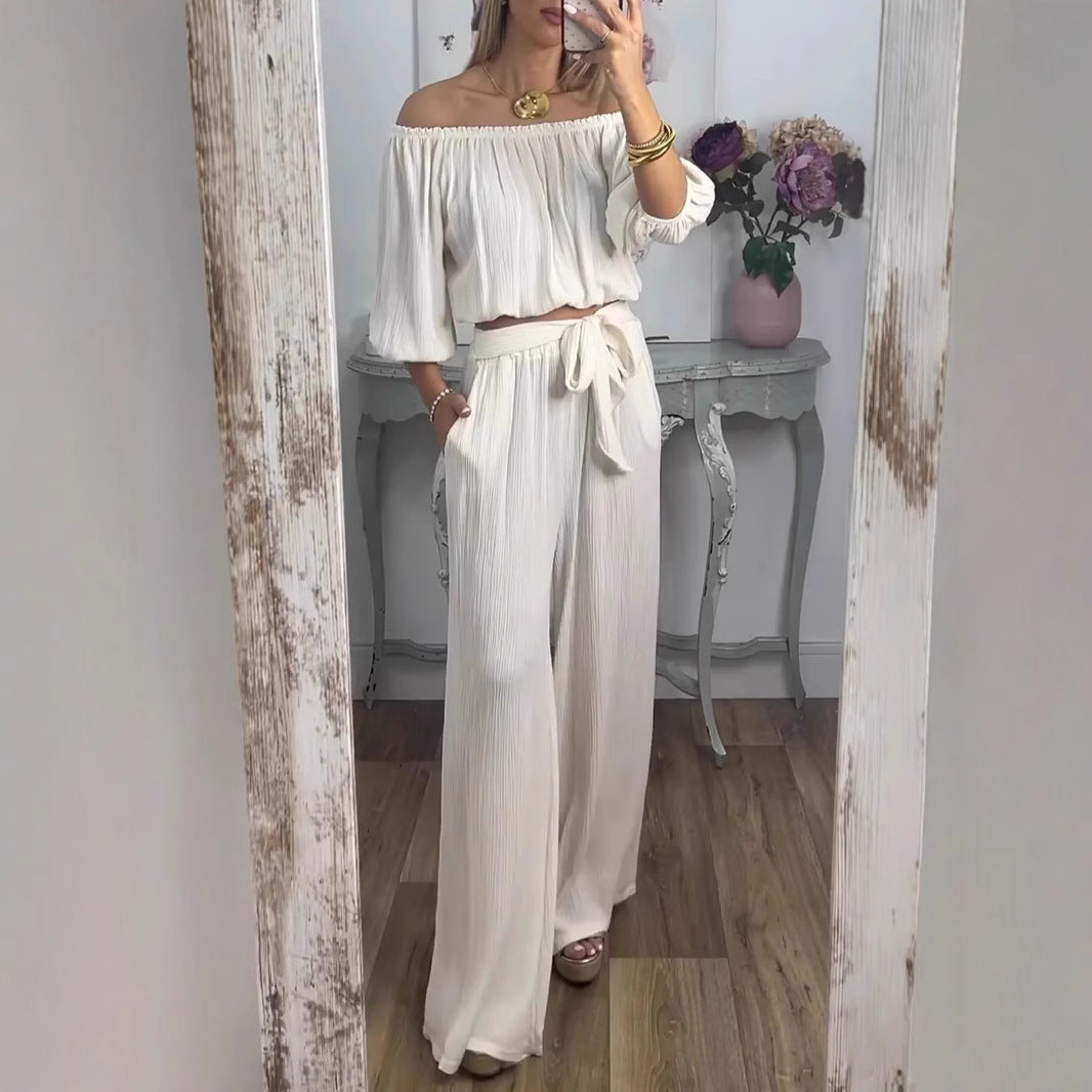 Damen Off-Shoulder Set mit weitem Hosen und taillierbarem Oberteil EB