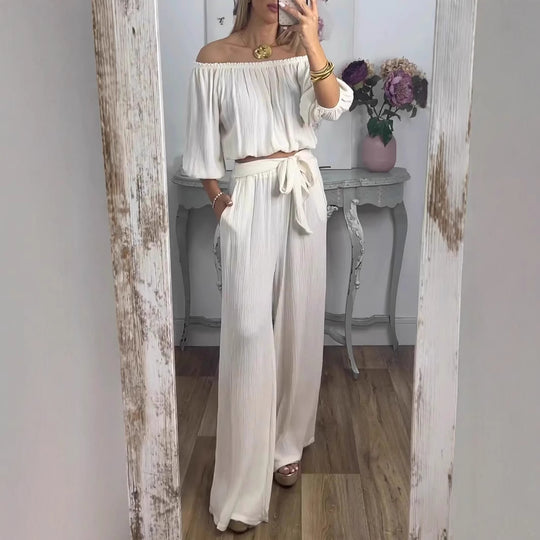 Damen Off-Shoulder Set mit weitem Hosen und taillierbarem Oberteil EB