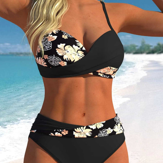 Damen Wickel-Bikini-Set mit floralem Design und hohem Bund EB