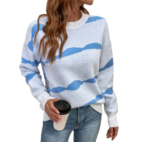 Damen lässiger Pullover mit modernem Wellenmuster und weitem Schnitt EB