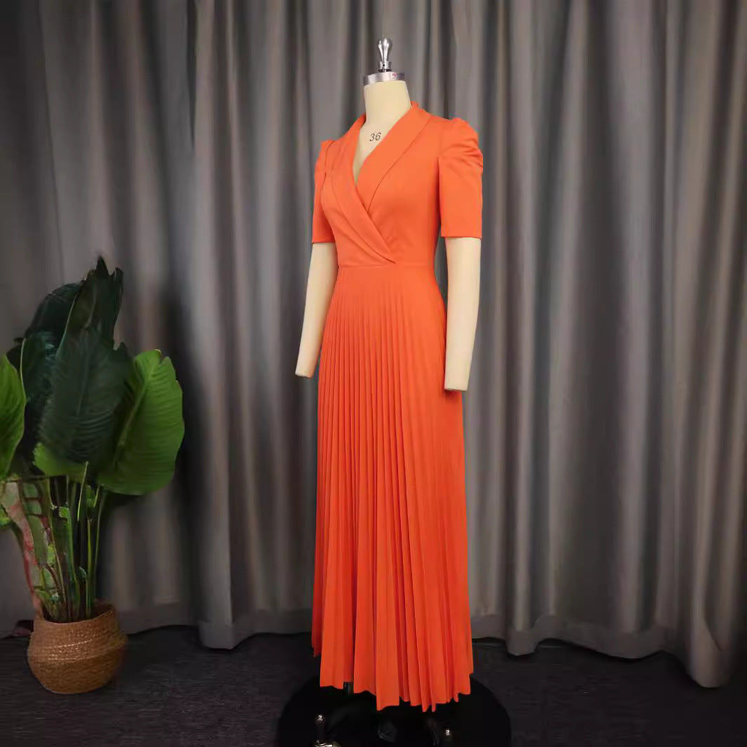 Damen elegantes Wickelkleid mit plissiertem Rock und Puffärmeln EB
