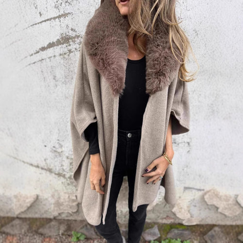 Damen Strickmantel mit luxuriösem Kunstfellkragen EB