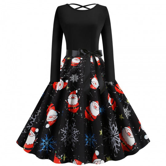 Damen Festliches Swingkleid mit Nikolausprint, tailliertem Satinband und gekreuztem Rückendetail EB