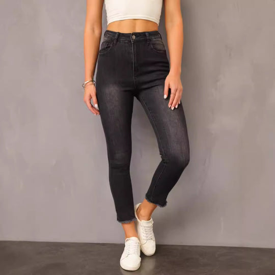 Damen High-Waist Jeans mit fransigem Saum und anpassbarem Schnitt EB