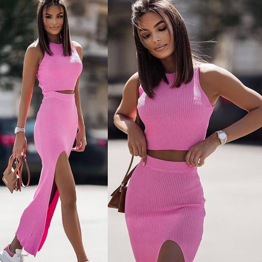 Damen Strick Set mit hohem Ausschnitt und seitlichem Schlitz EB