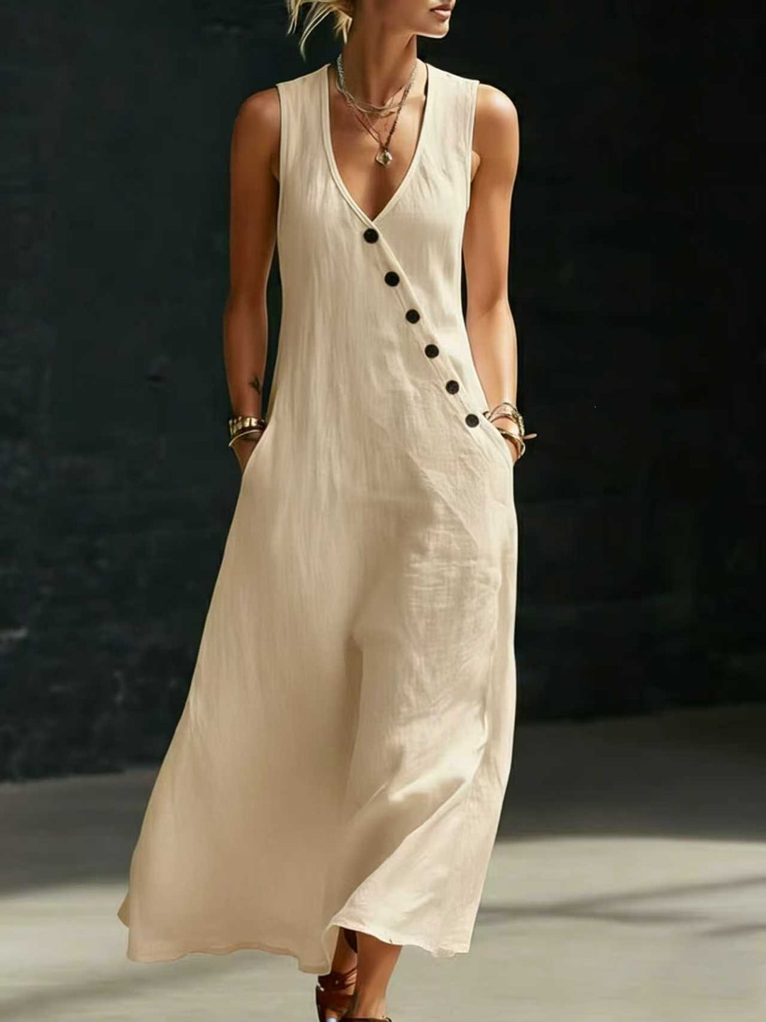 Damen Langarmkleid mit seitlichem Schlitz und Knopfdetails EB