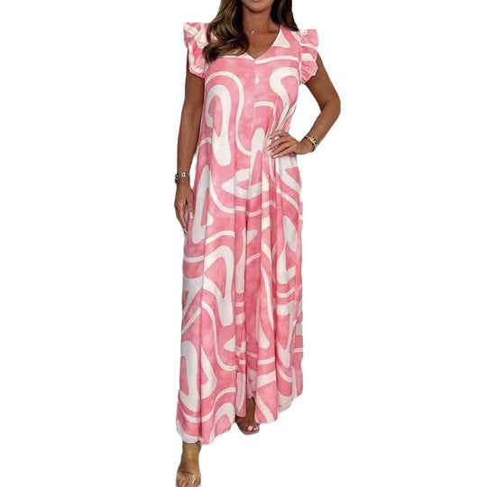 Damen Maxikleid mit kreativem grafischen Muster und Rüschen EB