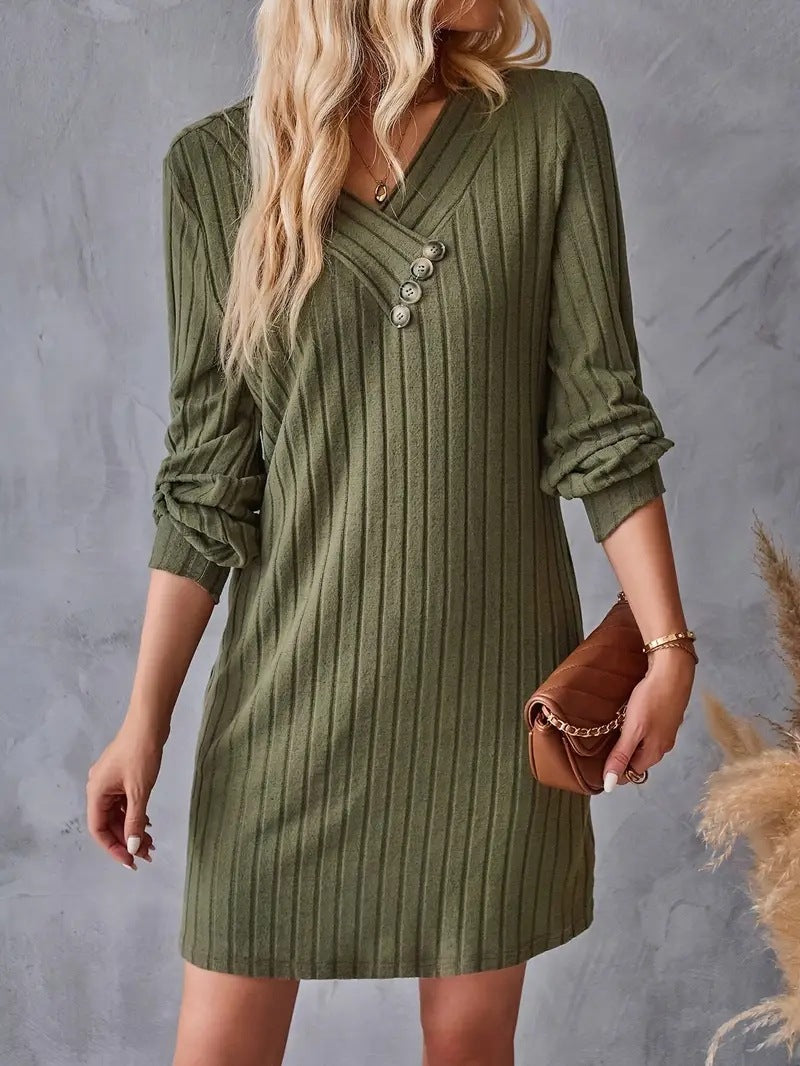 Damen Röhrenkleid mit elegantem V-Ausschnitt und dekorativen Knöpfen EB