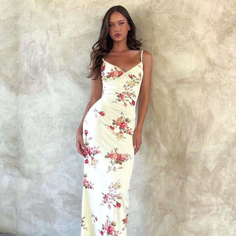Damen elegantes Maxikleid mit zarten Rüschen und tiefem V-Ausschnitt EB