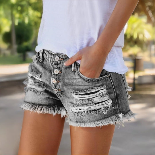 Damen Jeans-Shorts mit Fransen und Destroyed-Effekten EB