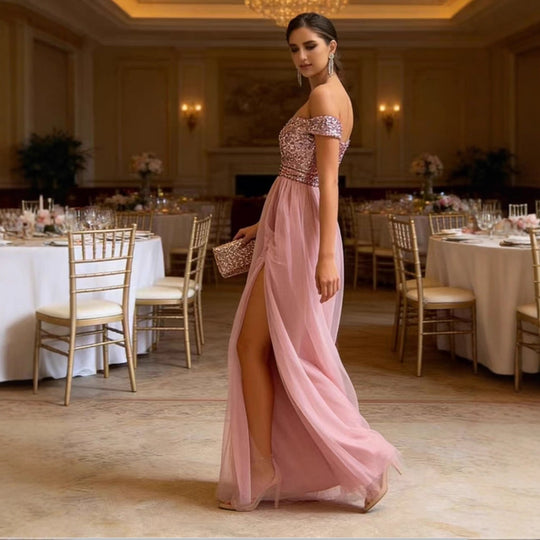 Damen Elegantes Abendkleid mit schulterfreiem Design und funkelnden Applikationen EB