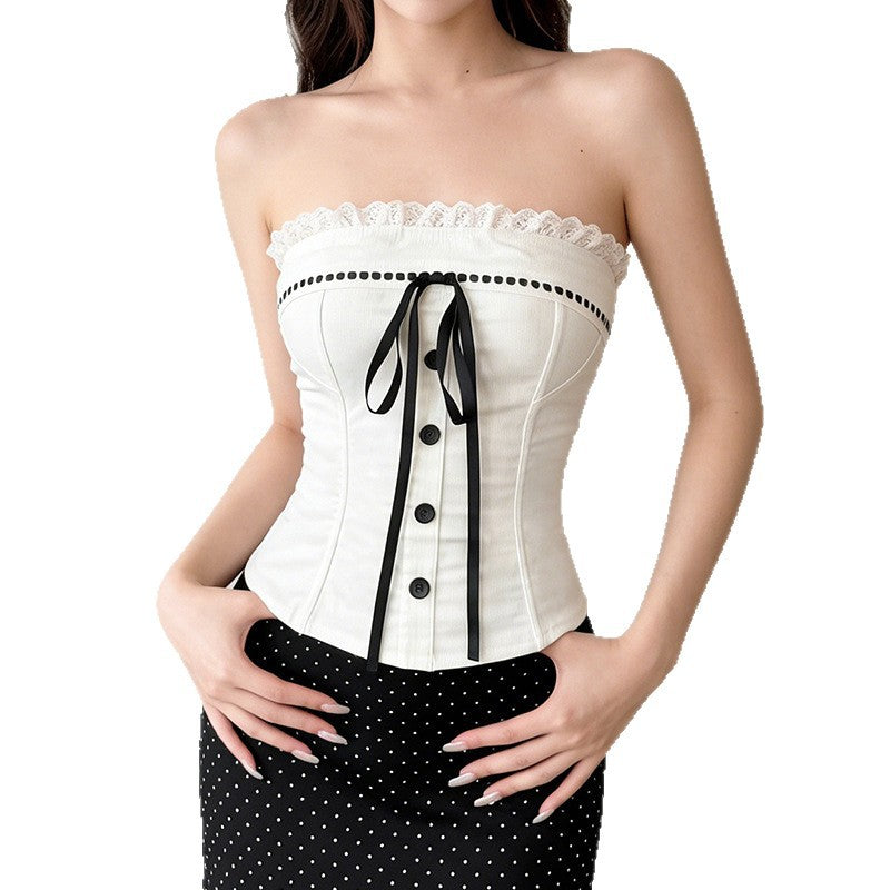 Damen Bustier-Oberteil mit dekorativem Rüschensaum und Knopfdetails EB