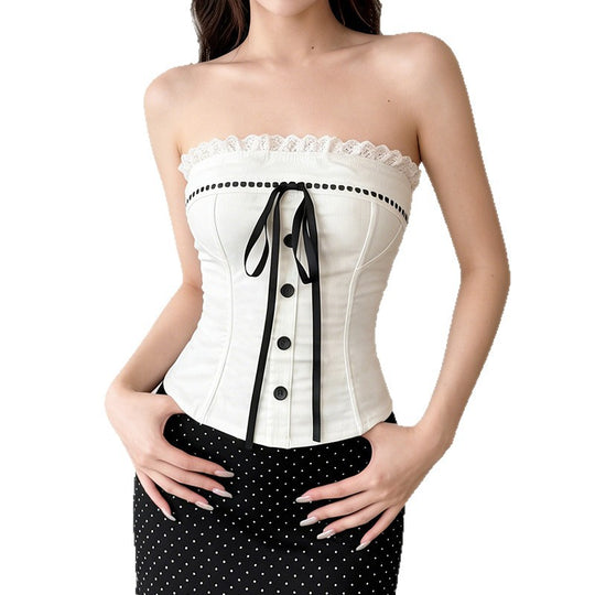 Damen Bustier-Oberteil mit dekorativem Rüschensaum und Knopfdetails EB