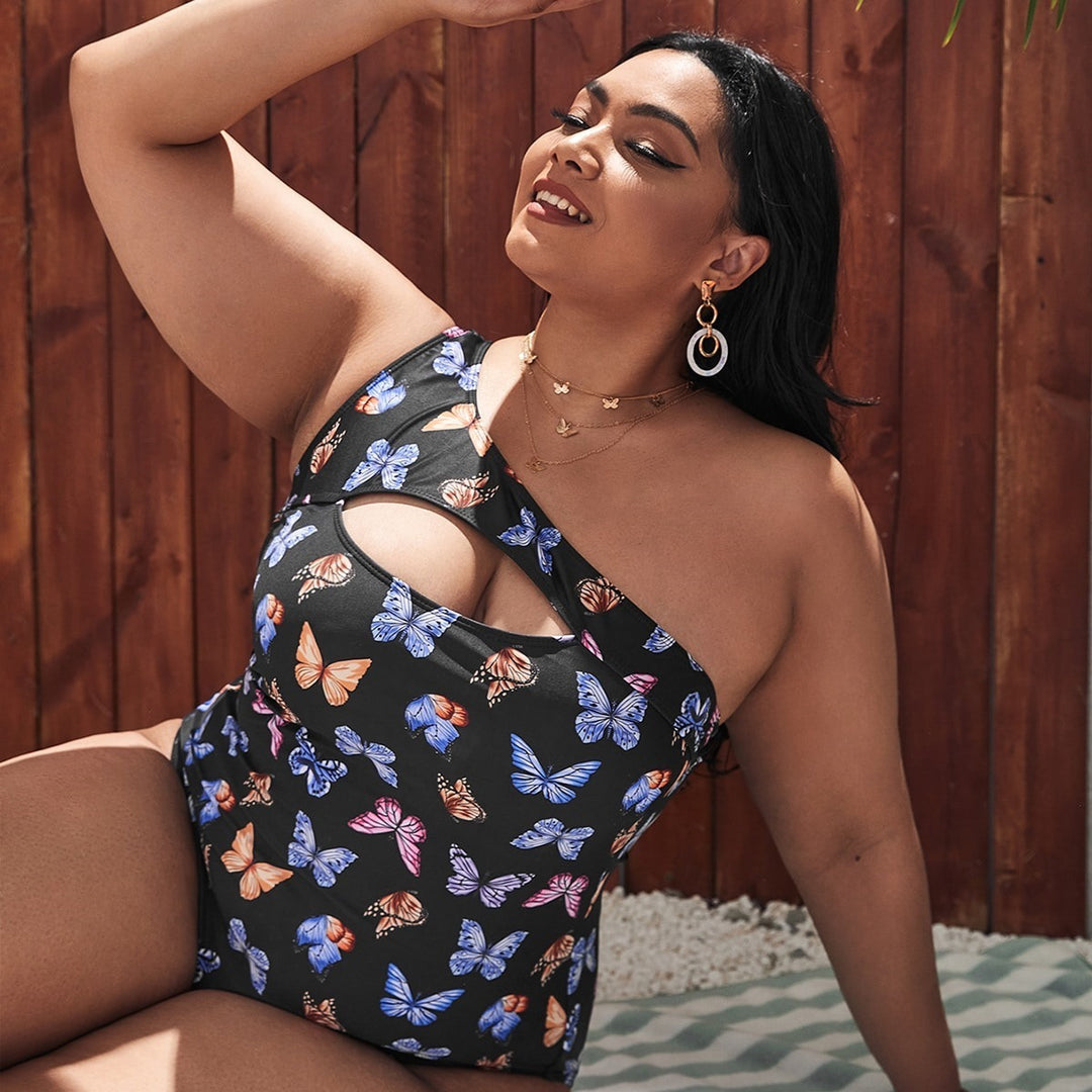 Damen Einseitiger Cut-Out Badeanzug mit floralen Schmetterlingsmotiven EB