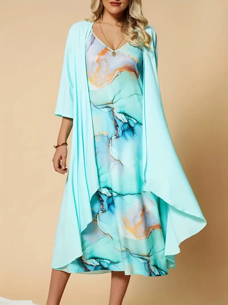 Damen festliches Maxikleid mit künstlerischem Marmormuster und elegantem Überwurf EB
