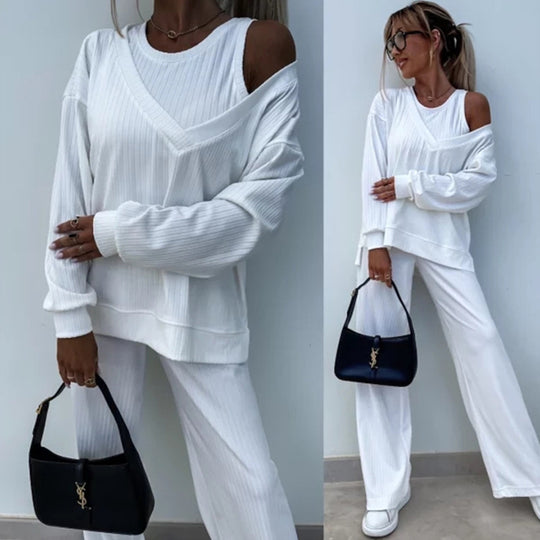 Damen nan elegantes Rippstrick-Zweiteiler Lounge-Set mit einseitigem Schulterfreischnitt und weitem Palazzo-Hosenbein EB