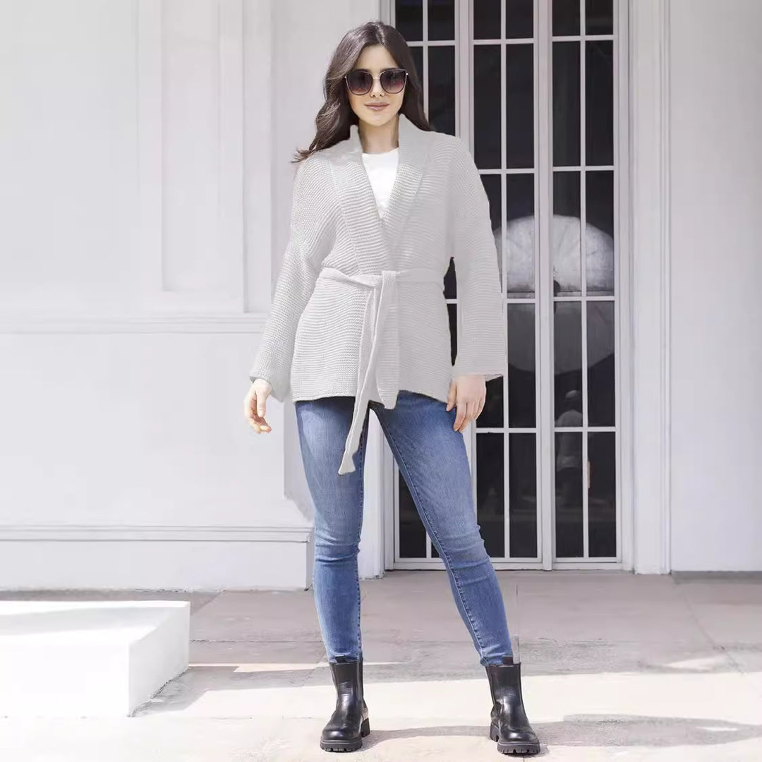 Damen eleganter Strickcardigan mit Gürtel und weichem Material EB