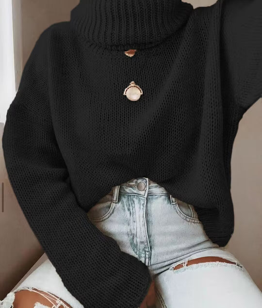 Damen Strickpullover mit hohem Kragen und lässigem Schnitt EB