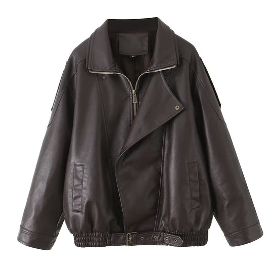 Damen Kunstlederjacke im lässigen Oversized-Stil mit Taillenzug EB