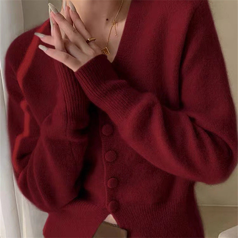 Damen Flauschiger Cardigan mit V-Ausschnitt und dekorativen Knöpfen EB