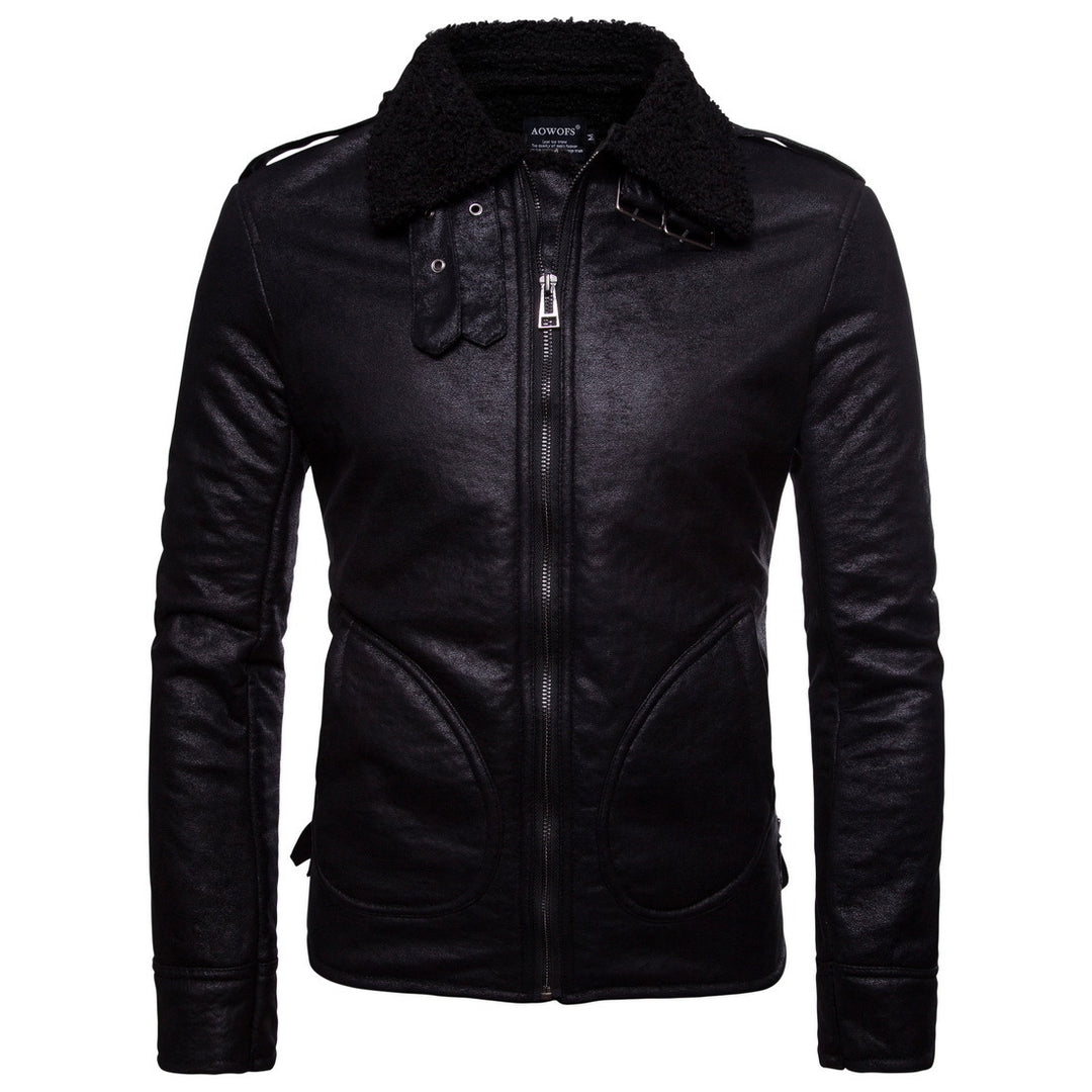 Herren Bikerjacke aus hochwertigem Kunstleder mit weichem Fleecekragen EB