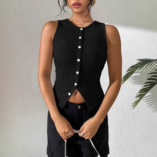 Damen Rippstrick Top mit Knopfleiste und schmalem Schnitt EB