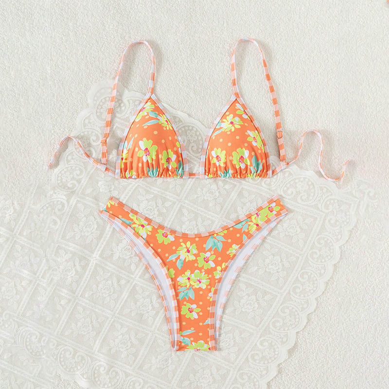 Damen Triangel-Bikini mit floralem Design und verspielten Bindebändern EB