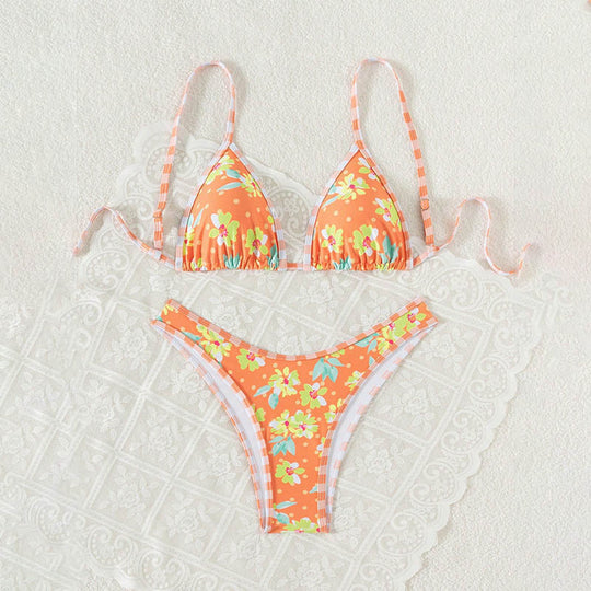 Damen Triangel-Bikini mit floralem Design und verspielten Bindebändern EB